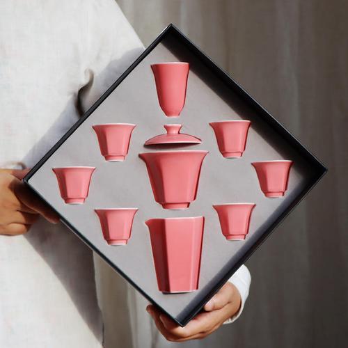 粉色釉六方菱形白瓷礼盒茶具 套装盖碗茶杯整套礼品激光批发